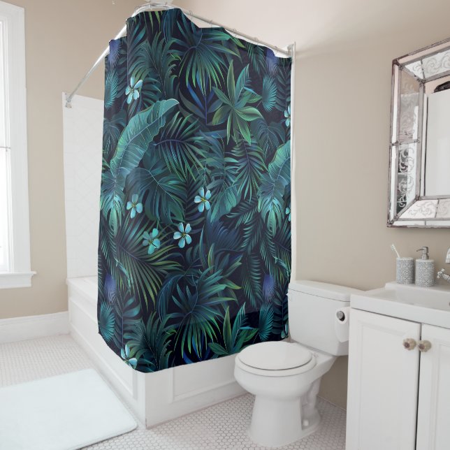 Rideaux De Douche Fleurs bleues Feuilles tropicales (En situation)