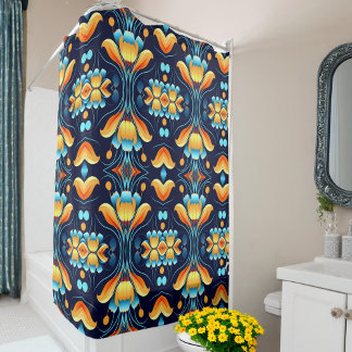 Rideaux De Douche fleurs bleues oranges Art déco