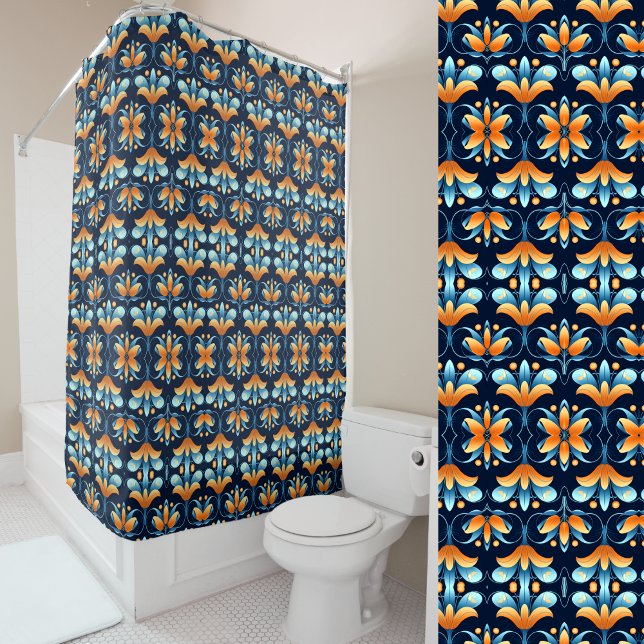Rideaux De Douche fleurs bleues oranges Art déco (Créateur téléchargé)