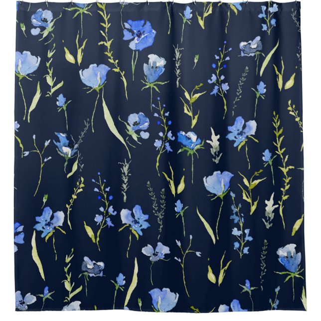 Rideaux De Douche Fleurs bleues rustiques : Illustration botanique. (Devant)