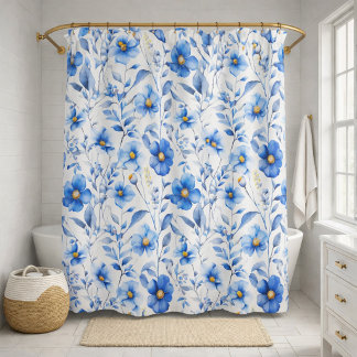 Rideaux De Douche Fleurs botaniques aquarelles bleues