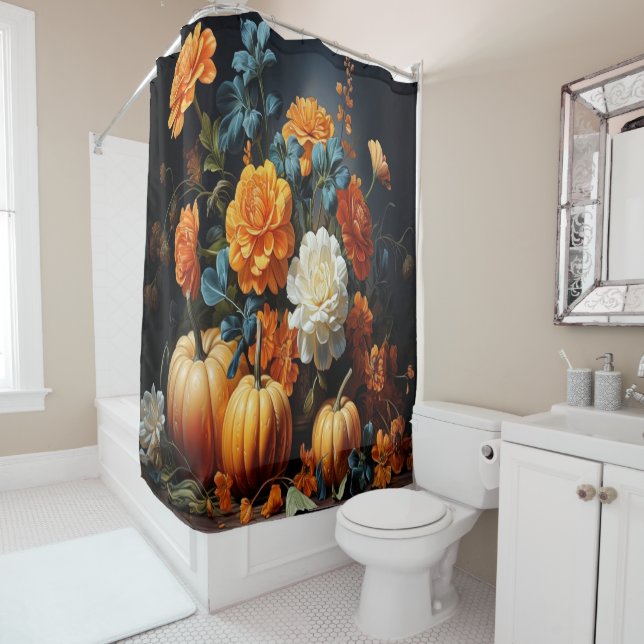 Rideaux De Douche Fleurs Citrouilles d'Halloween (En situation)