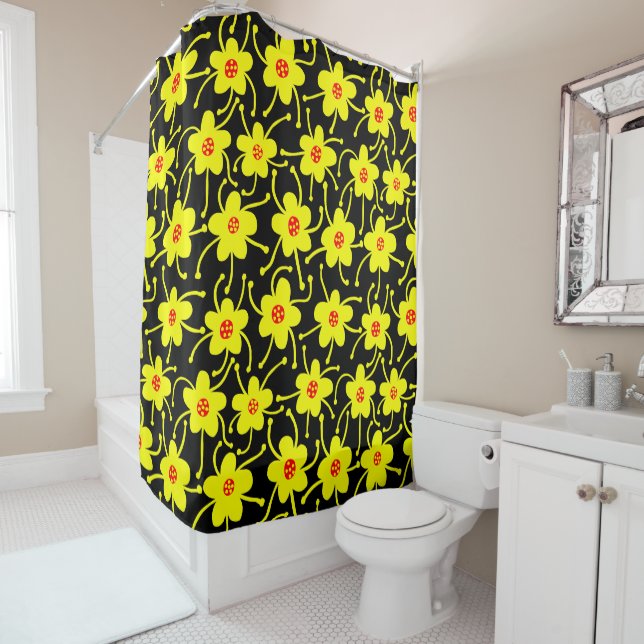 Rideaux De Douche Fleurs concurrentes - Jaune et rouge sur noir (En situation)