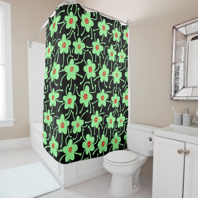 Rideaux De Douche Fleurs concurrentes - Mint vert et rouge sur noir (En situation)
