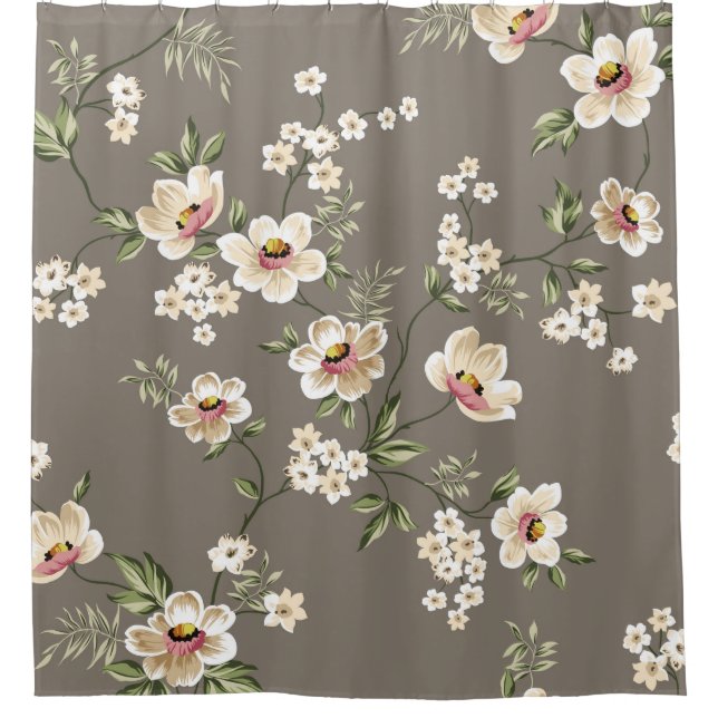 Rideaux De Douche fleurs crème mignonnes avec motif feuille vert sur (Devant)