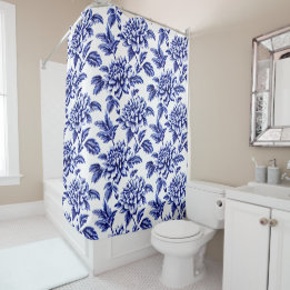 Rideaux De Douche Fleurs Dahlia Bleues et Blanches Toile de Jouy