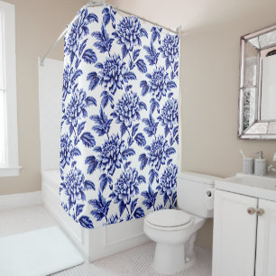 Rideaux De Douche Fleurs Dahlia Bleues et Blanches Toile de Jouy