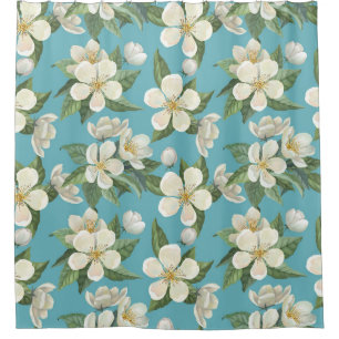 Rideaux De Douche Fleurs d'aquarelle blanche Feuilles verts