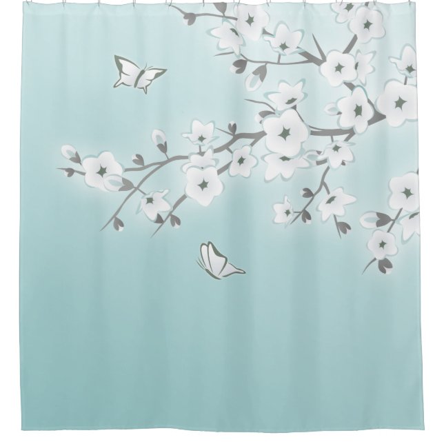 Rideaux De Douche Fleurs de cerisier Floral Blanc Menthe (Devant)