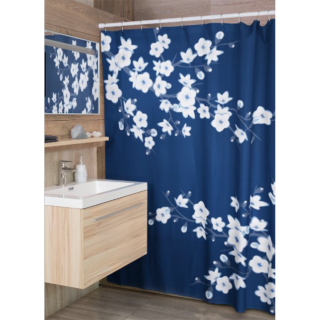 Rideaux De Douche Fleurs de cerisier navales blanches Classique (Créateur téléchargé)