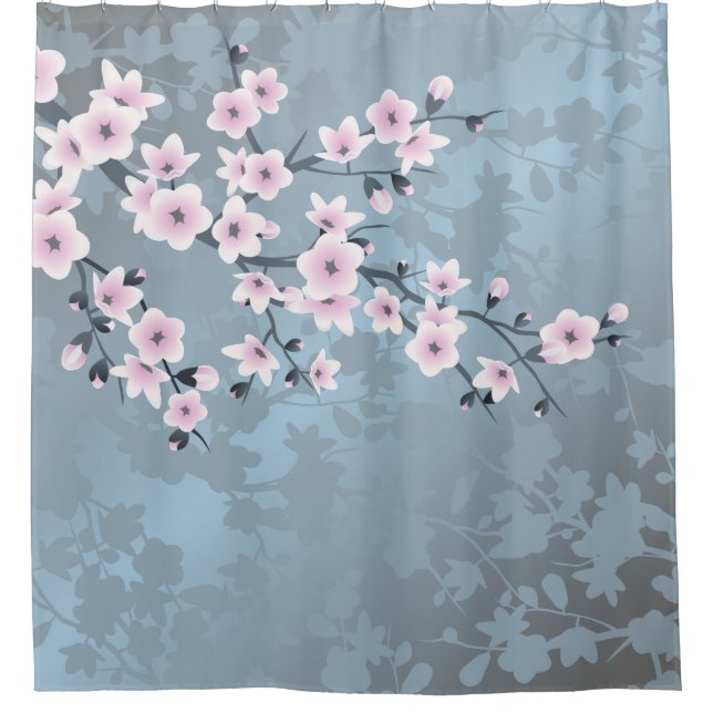 Rideaux De Douche Fleurs de cerisier rose poudré bleu (Devant)