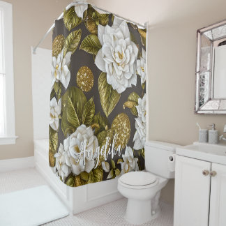 Rideaux De Douche Fleurs de Gardenia Blanches Paillettes Dorées et A