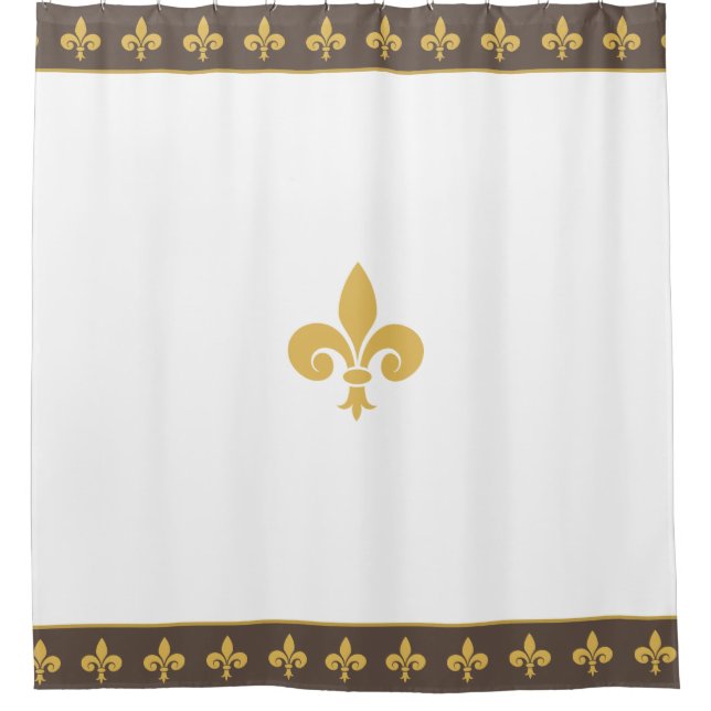 Rideaux De Douche Fleurs de lys dorées sur fond marron et blanc (Devant)