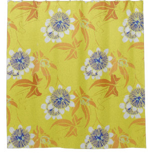 RIDEAUX DE DOUCHE FLEURS DE PASSION BLANCHE BLEUE, FEUILLES ORANGES