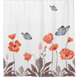 Rideaux De Douche Fleurs de pavot orange et papillons bleus Jardin