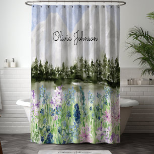 Rideaux De Douche Fleurs de pré bleu violet aquarelle monogrammées