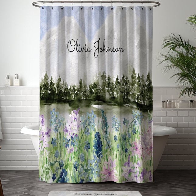 Rideaux De Douche Fleurs de pré bleu violet aquarelle monogrammées (In situ bedroom)