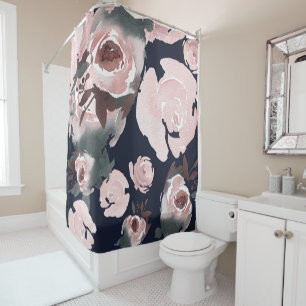 Rideaux De Douche Fleurs de rose aquarelle rose foncé bleu marine fl