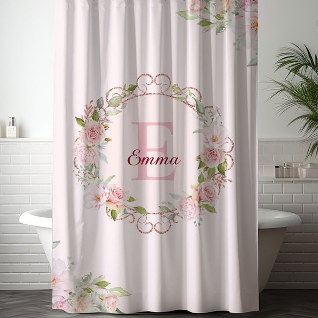 Rideaux De Douche Fleurs de rose rose blush aquarelle à monogramme f (In situ)