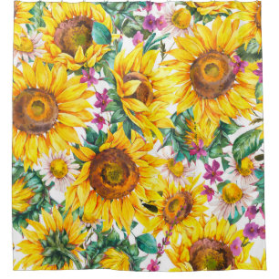 Rideaux De Douche Fleurs de soleil d'aquarelle été vintage patte tra