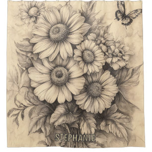 Rideaux De Douche Fleurs de soleil et papillon - Papier vieilli rust