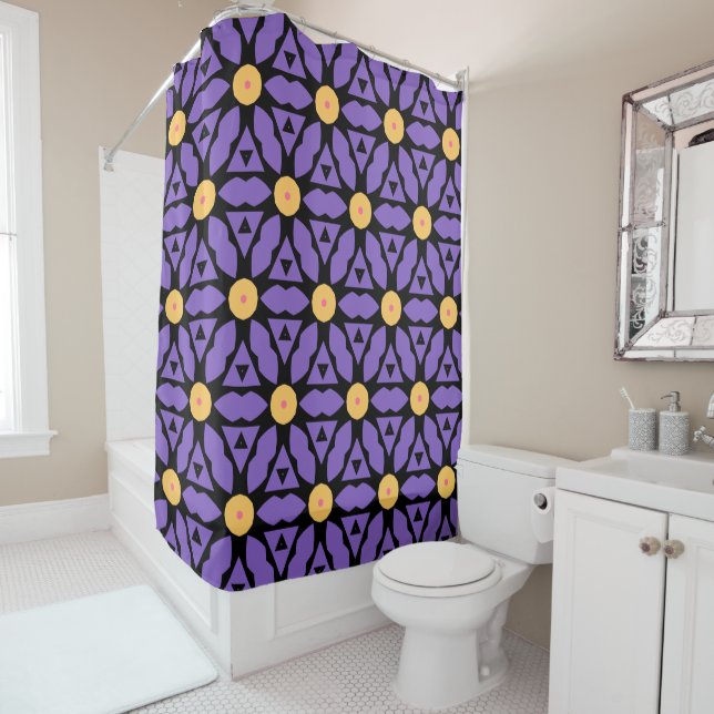Rideaux De Douche Fleurs d'hexagone violet et jaune (En situation)