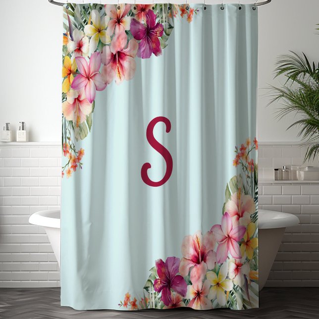 Rideaux De Douche Fleurs d'Hibiscus Rose Monogramme Floral Tropical (In situ)