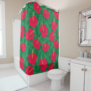 Rideaux De Douche Fleurs d'Hibiscus Rouge sur Feuilles Tropicales Ve