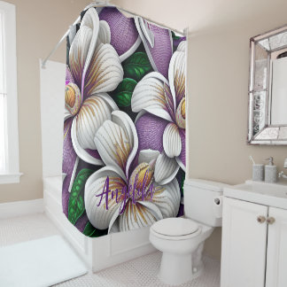 Rideaux De Douche Fleurs d'huile violettes et blanches Nom personnal