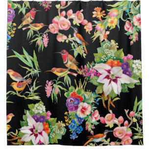 Rideaux De Douche Fleurs d'oiseaux sauvages : Noir Vintage