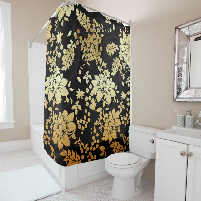 Rideaux De Douche Fleurs d'or orientales en noir (En situation)