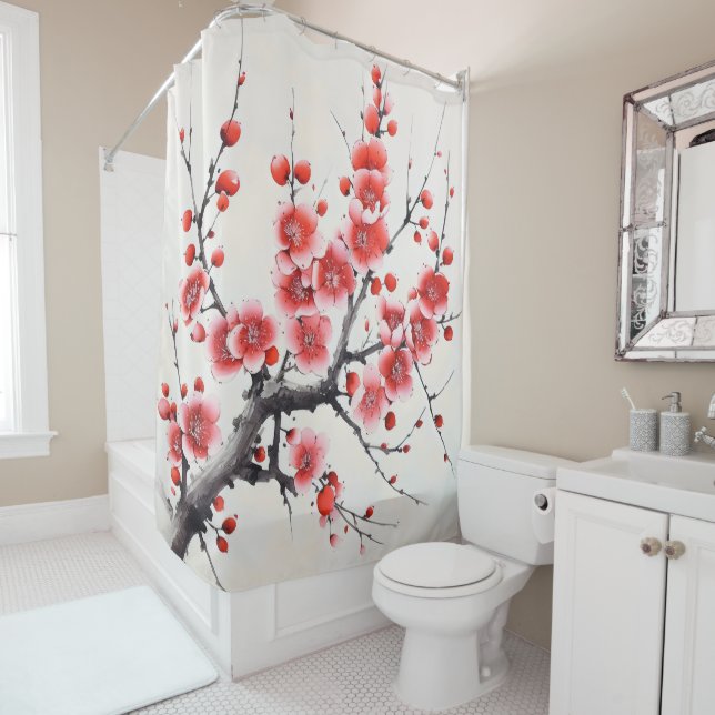 Rideaux De Douche Fleurs en fleurs rouges (En situation)