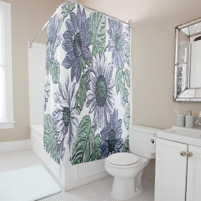 Rideaux De Douche Fleurs en tissu bleu (En situation)