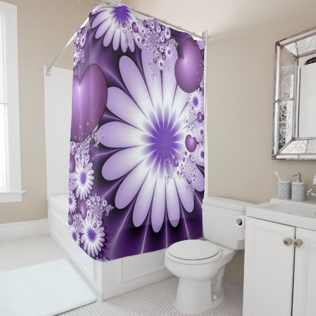 Rideaux De Douche Fleurs et cœurs abstraits de l'amour fractal (En situation)