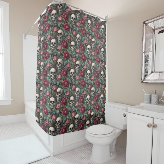 Rideaux De Douche Fleurs et crânes rococo gothiques (En situation)