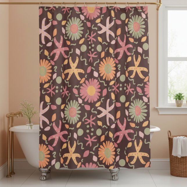 Rideaux De Douche Fleurs et étoiles de mer sur fond brun chocolat (Bring a little "beach" home with this chocolate brown starfish and flowers combination. )