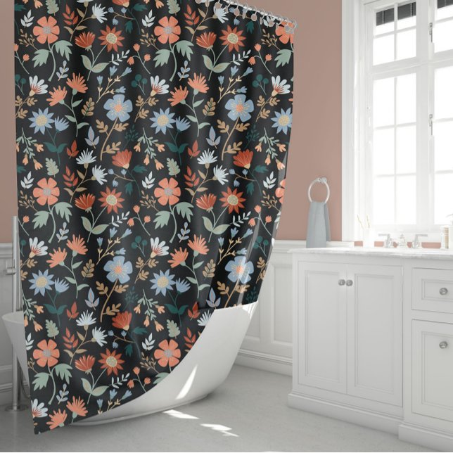 Rideaux De Douche Fleurs Et Feuilles Modernes (Modern Flowers And Leaves Girly Black Orange Blue Shower Curtain from Studio Posies.)