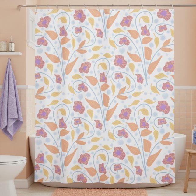 Rideaux De Douche Fleurs et feuilles peintes au pastel (Turn your bathroom into a floral daydream. Soft pastel hand drawn fantasy flowers.)