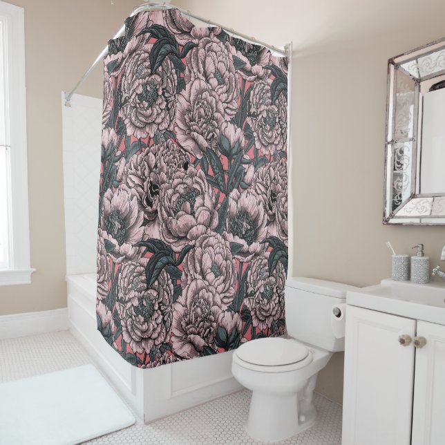 Rideaux De Douche Fleurs et moisissures de pivoines roses (En situation)