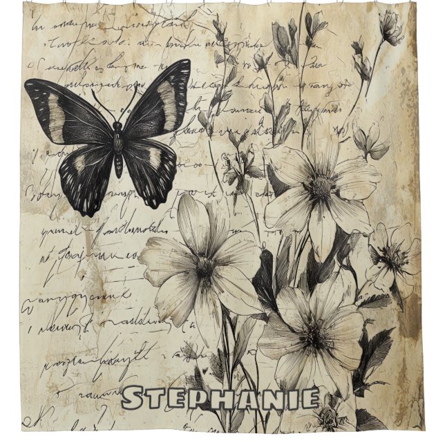 Rideaux De Douche Fleurs et papillons rustiques - Papier vieilli (1) (Devant)