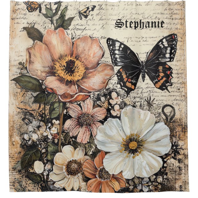 Rideaux De Douche Fleurs et papillons rustiques - Papier vieilli (14 (Devant)