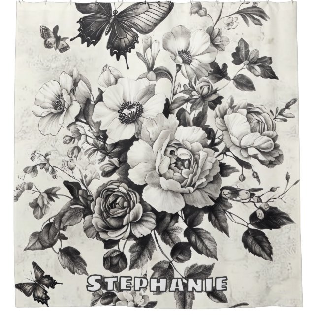 Rideaux De Douche Fleurs et papillons rustiques - Papier vieilli (3) (Devant)