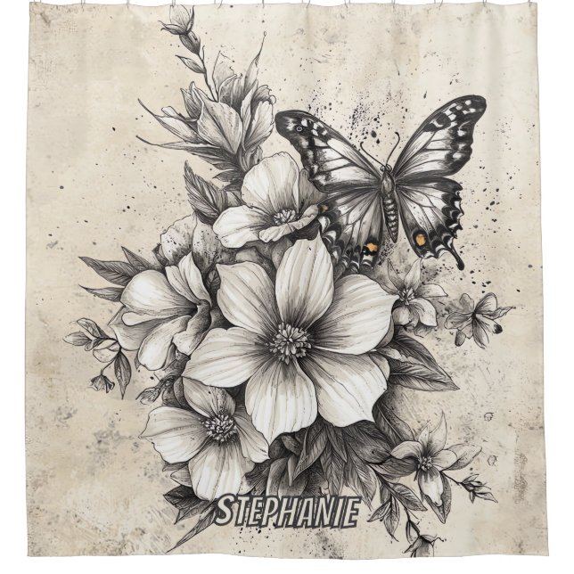 Rideaux De Douche Fleurs et papillons rustiques - Papier vieilli (5) (Devant)
