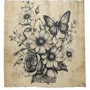 Rideaux De Douche Fleurs et papillons rustiques - Papier vieilli (6)