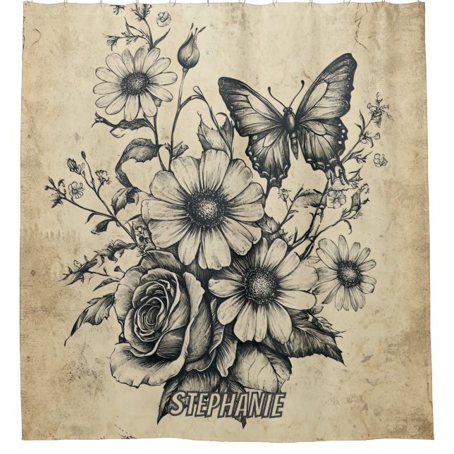 Rideaux De Douche Fleurs et papillons rustiques - Papier vieilli (6) (Devant)