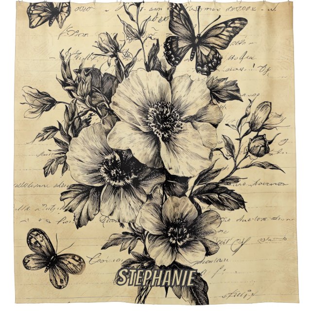 Rideaux De Douche Fleurs et papillons rustiques - Papier vieilli (9) (Devant)