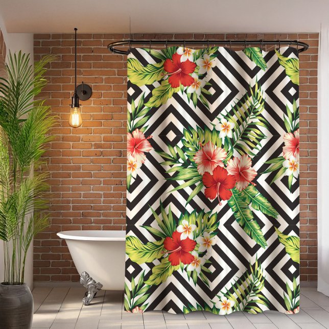 Rideaux De Douche Fleurs exotiques colorées Motif géométrique modern (Créateur téléchargé)
