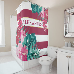 Rideaux De Douche Fleurs exotiques roses rayées Bourgogne