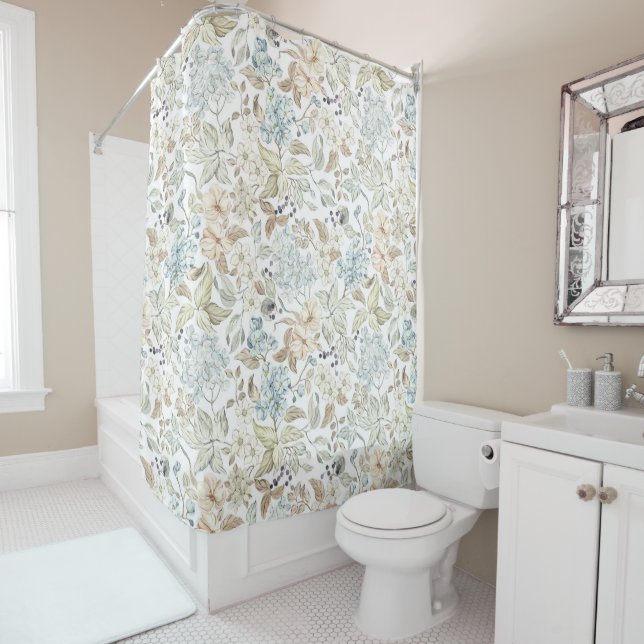 Rideaux De Douche Fleurs Feuilles Baies Branches Blanches (En situation)