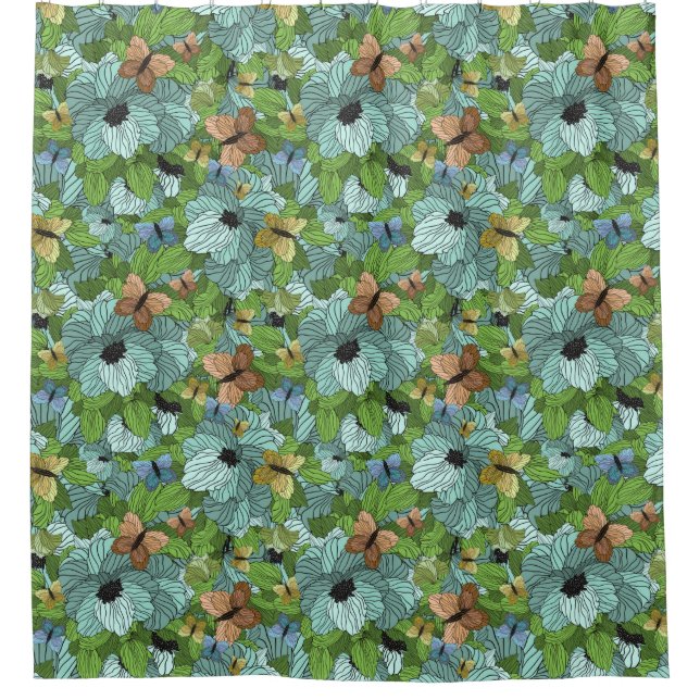 Rideaux De Douche Fleurs Floral Foliage Papillons Tons verts (Devant)